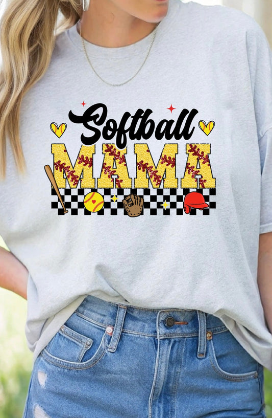 Checkered Softball Mama Graphic Tee