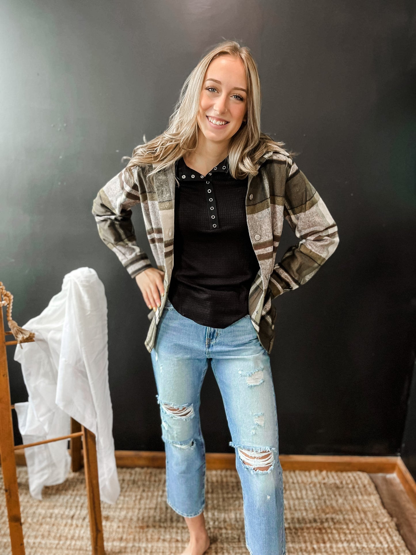 Talk To Me Plaid Shacket-Olive