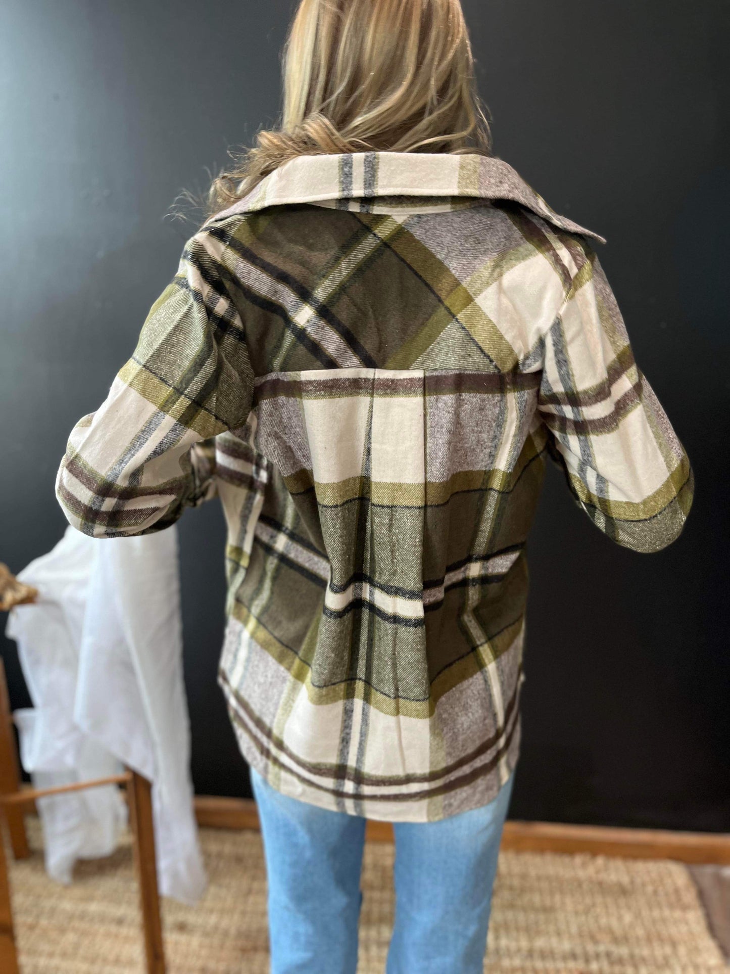Talk To Me Plaid Shacket-Olive
