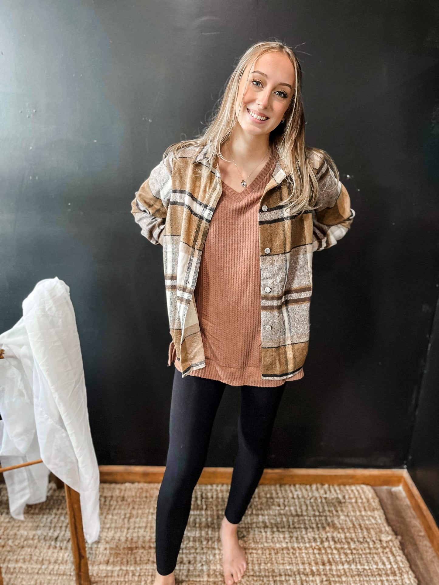 Talk Fall To Me Plaid Shacket-Camel