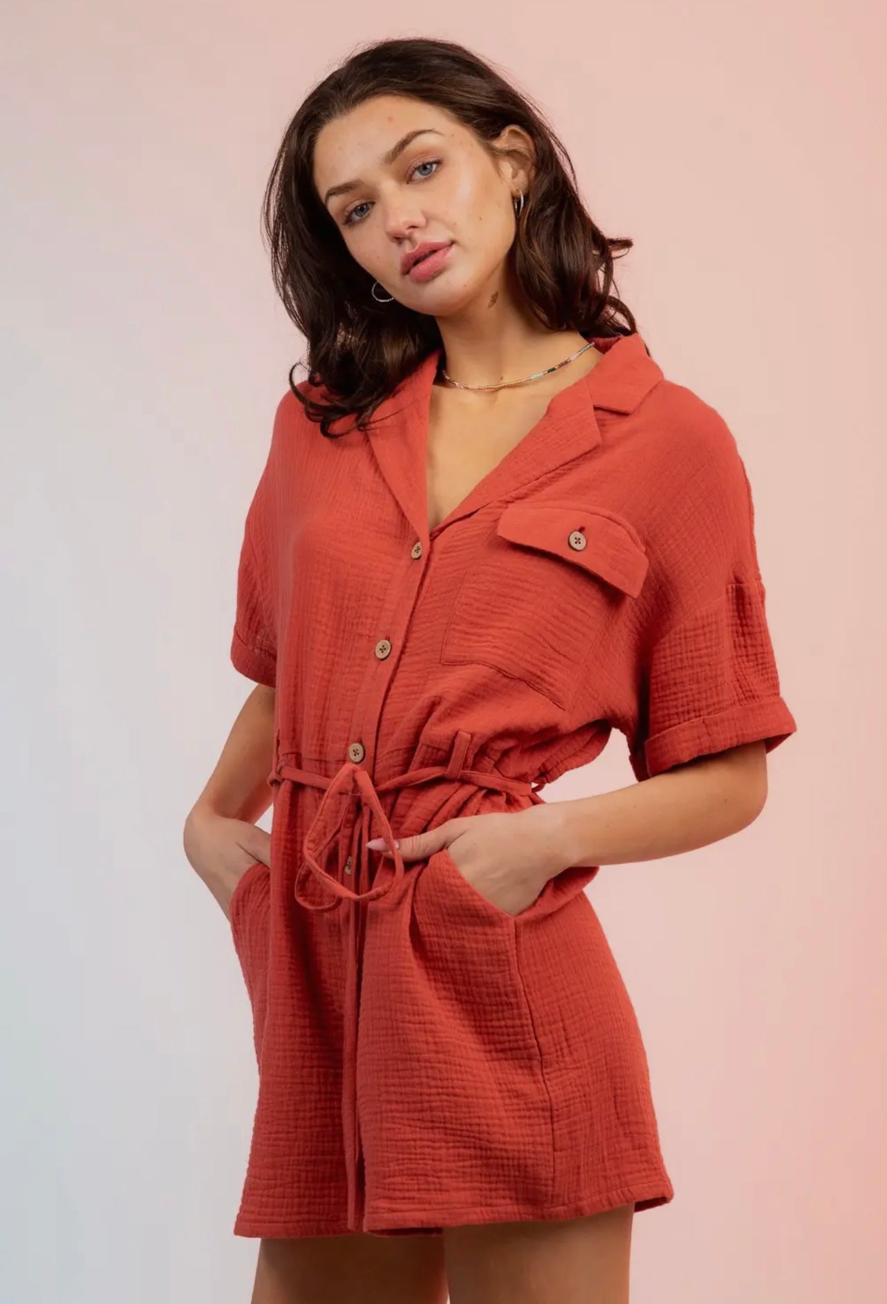 Sunset Kiss Belted Linen Romper