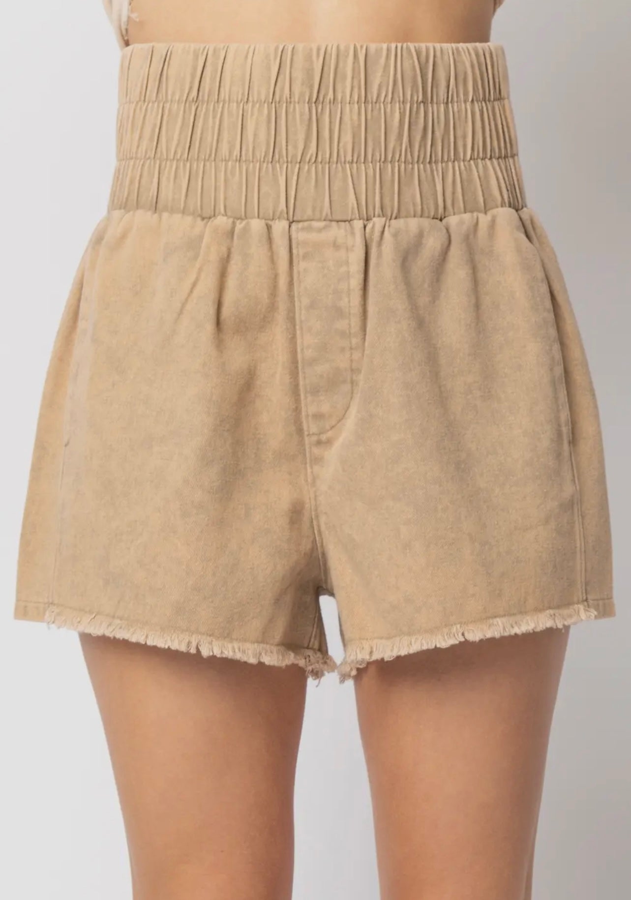 Ellie High Waist Mineral Wash Shorts-Tan