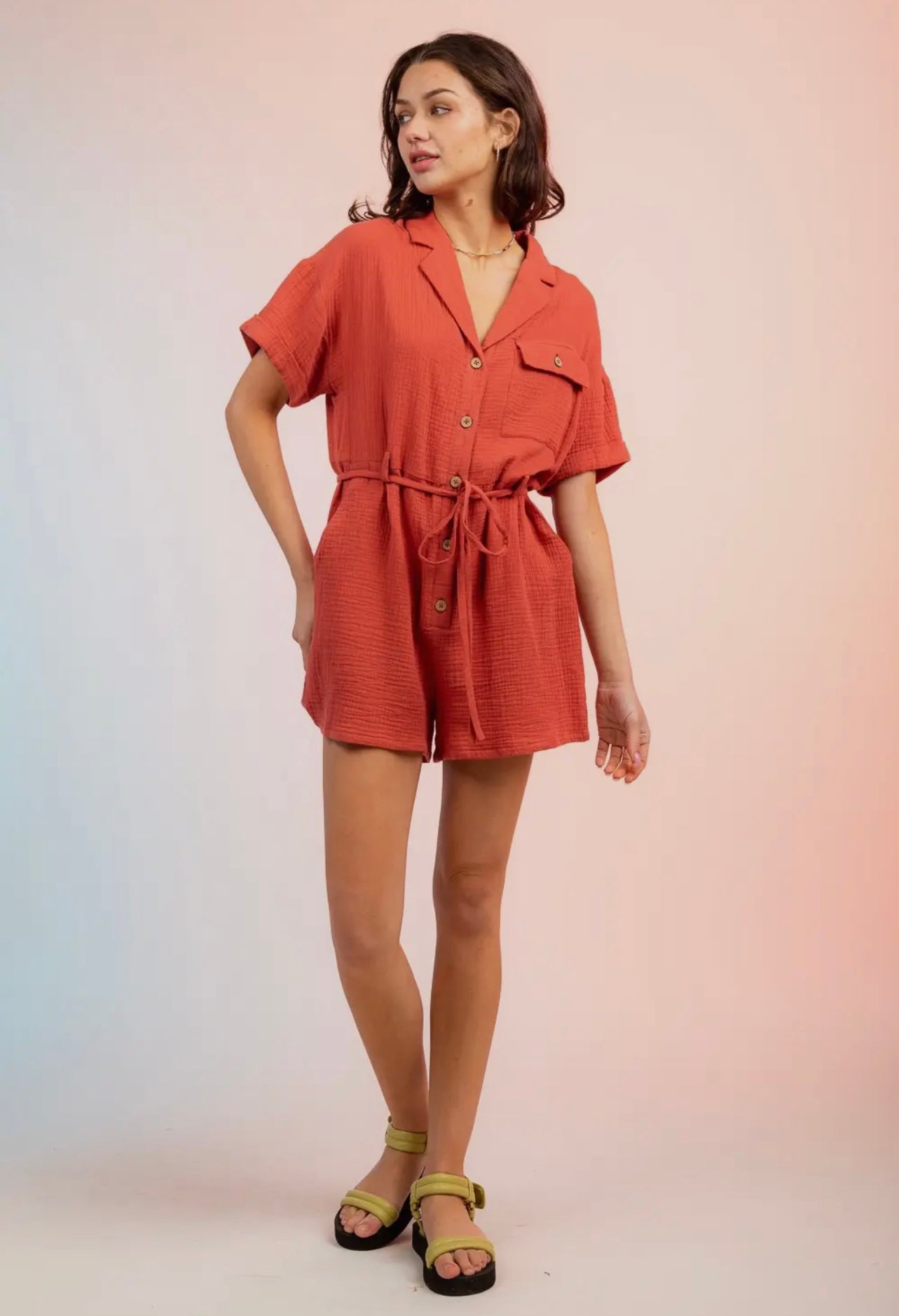 Sunset Kiss Belted Linen Romper